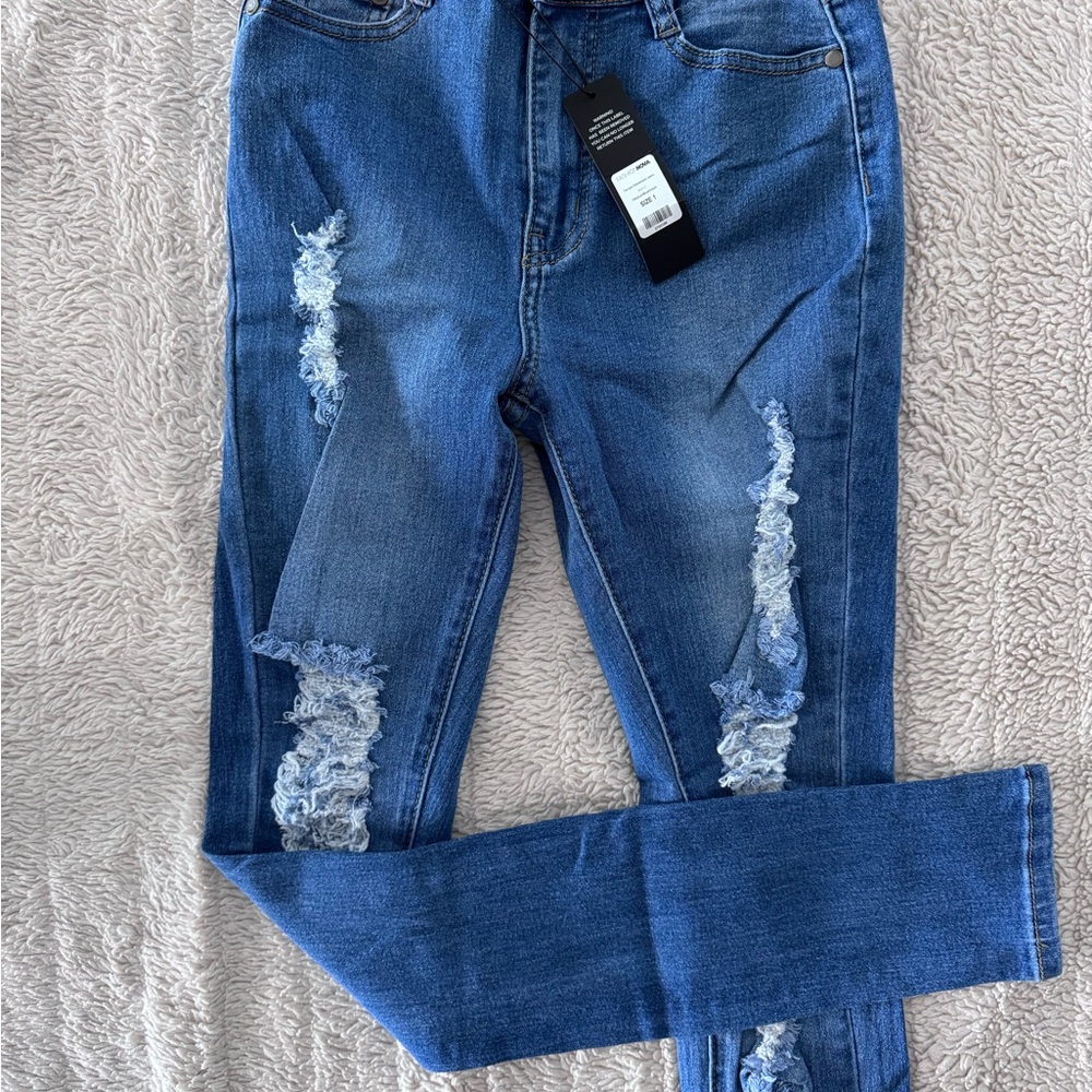 Fashion Nova Blue Distressed Skinny Jeans